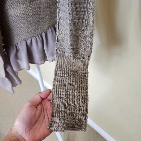 Waffle Knit Open Front Cardigan Ruffled Hem Neutral Size Small - Picture 6 of 10